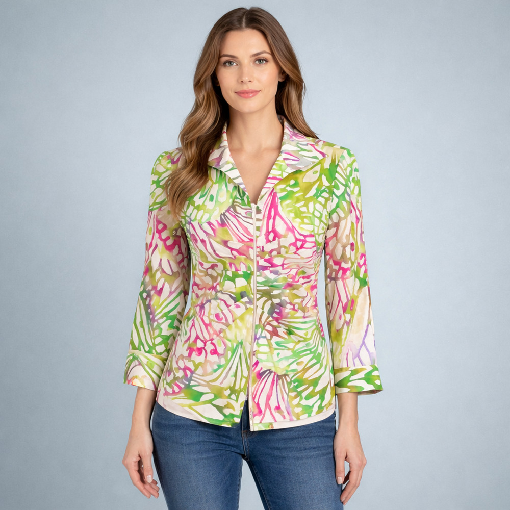 Lafayette 148 Size 2 Tropical Floral Print Full Zip Front 3/4 Sleeve Cotton Top